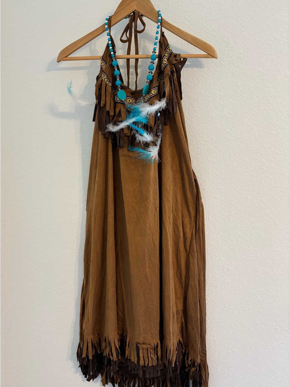 Women’s Halloween Fringed Halter Mini Dress in Brown with Turquoise Accents
